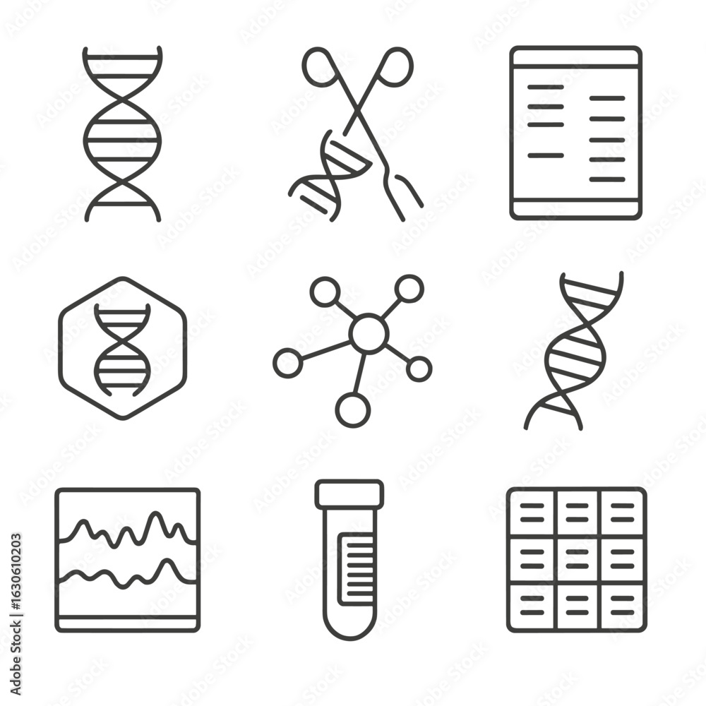 Genomic Study Icon Molecular Research Icons. Line style icons of molecular and genetic ...