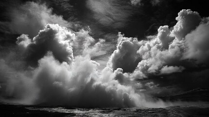 Wall Mural - a black-and-white photograph capturing clouds over a water body with a boat positioned centrally