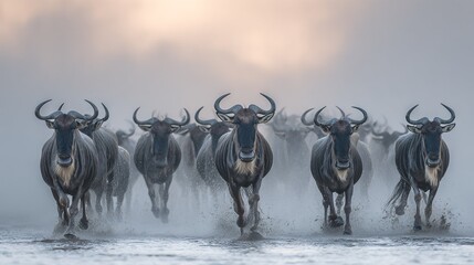 Canvas Print -   A herd of wildebeest sprinting over water in front of other wildebeest