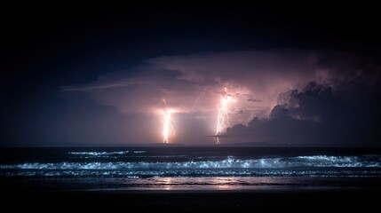 Wall Mural - a lightning strike illuminates the night sky over a tranquil body of water with a gentle wave in the