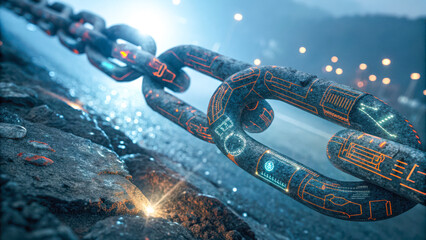 A futuristic chain with glowing circuits and digital connections