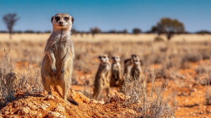 Wall Mural -   Meerkats on rock in grass field