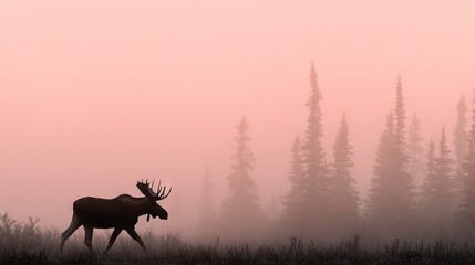 Canvas Print -   Moose in foggy forest with tall trees in background
