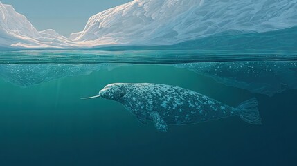Wall Mural - a painting depicts a seal swimming in the ocean against a backdrop of a mountain, with a body of wat