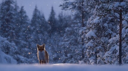 Canvas Print -   A fox stands in snowy front of a forest, with snowflakes on trees and ground