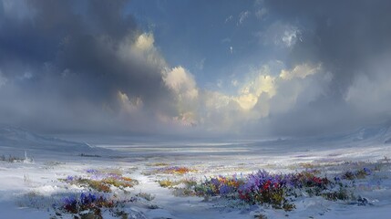 Wall Mural - snowy landscape painting featuring flowers in foreground & cloud-filled sky background