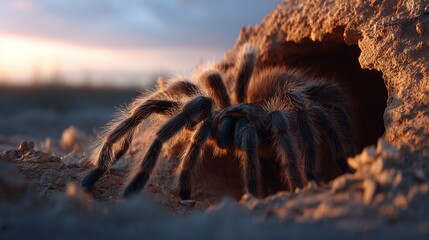 Wall Mural -   A close-up of a massive spider crawling through a hole in the dirt, with a cloudy sky in the background