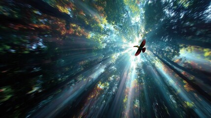 Wall Mural -   A bird soaring through a verdant forest, illuminated by golden beams from treetops
