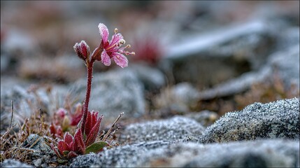 Wall Mural -   A pink flower on a rocky surface with snow and grass in the background