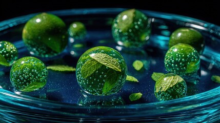 Wall Mural - a close-up of a green bowl with water containing spheres at the bottom