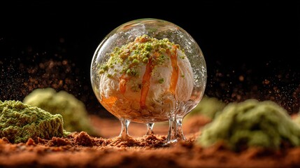 Wall Mural - a close-up of a bowl of food on a table with dirt and green surroundings