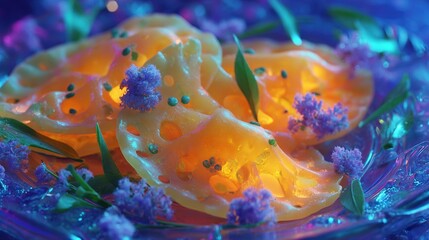 Wall Mural - an intimate view of a colorful dish featuring oranges and azure blooms set against a cerulean backdr
