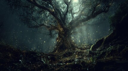 Wall Mural - large forest tree with glowing fireflies on branches, leaves on the ground