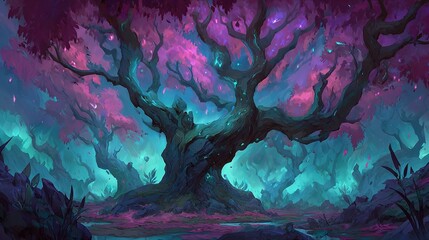 Wall Mural - a painting featuring a solitary tree amidst a dense forest, its branches adorned with lush shades of