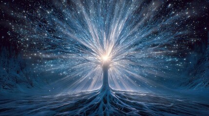 Wall Mural -   A person stands in a snow-covered forest, surrounded by tall trees, with a brilliant light emanating from the central tree