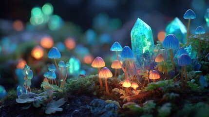 Wall Mural - a cluster of radiant fungi resting atop a verdant expanse of moss illuminated by azure and gold hues