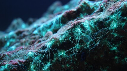 Wall Mural -   Close-up of rock with green and red algae on sides, blue sky background