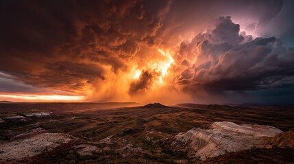Wall Mural - a massive tempest traversing an opaque sky above rugged mountains amidst a barren expanse of stones 