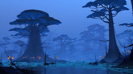 Wall Mural - a swampy nightscape features numerous trees upfront and a serene lake in the distance