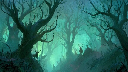 Wall Mural - a forest landscape featuring deer in the foreground and distant trees