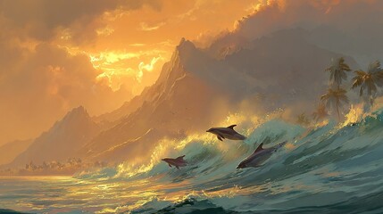 Wall Mural - a group of dolphins swim in a vast expanse of water against a majestic backdrop of mountains