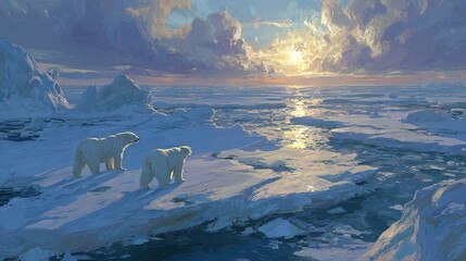 Wall Mural -   Ice floe painting of two polar bears in sunlight with cloudy sky above water