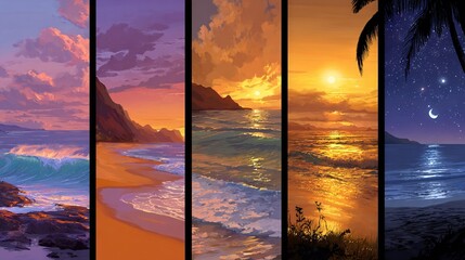 Wall Mural - four photos of a moonlit beach at night with the ocean in the foreground