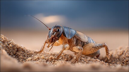 Wall Mural -   A close-up photo of a bug on the ground The background includes a blue sky and white clouds