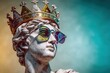 © AkosHorvathWorks - Sculpture of a regal figure wearing sunglasses and a golden crown against a vibrant, colorful backdrop