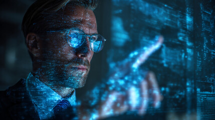 closeup of a mans face with glasses, illuminated by a futuristic digital data stream, symbolizing te
