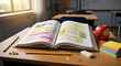 © Sherafgan - Open textbook on a desk with pencils, an apple, and sticky notes in a classroom setting by a window ai generated