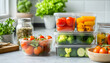 © Tata Design - Stack of clear food containers filled with fresh vegetables like tomatoes, broccoli, peppers. Organized kitchen scene promotes healthy eating, meal prep convenience
