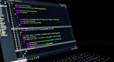 Coding software development concept with computer screen and keyboard view
