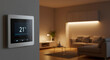 © Iuliia - Digital thermostat with screen display set at 21 degrees Celsius on wall within modern living room. Smart home climate control regulation. Selective focus