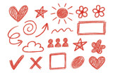 Childlike red crayon doodles featuring hearts, stars, suns, flowers, arrows, check marks, crosses, geometric shapes, and stick figures on transparent backdrop