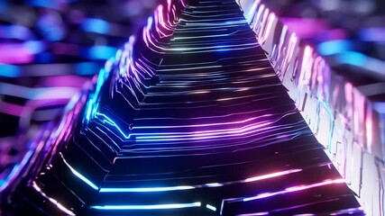 Wall Mural - Ascending a Futuristic Digital Pyramid with Glowing Blue and Pink Neon Lines