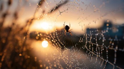 Golden Hour: Spider on Dew-Kissed Web with Stunning Bokeh Sunlight