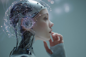 Wall Mural - a woman with a robotic head is looking at the camera