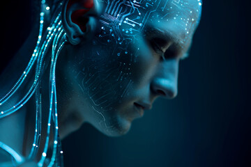Wall Mural - a man with a face covered in wires and circuitry