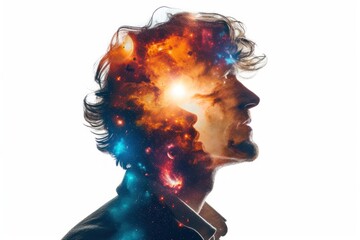 Wall Mural - nebula in head silhouette portrait light sky.