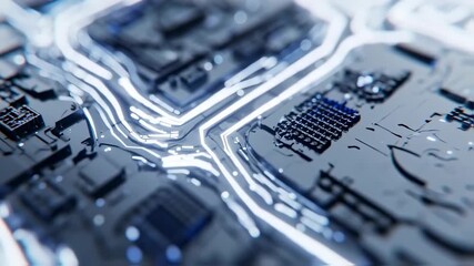 Wall Mural - Futuristic Circuit Board Animation: Glowing Data Streams Flowing Through Advanced Microchip Technology