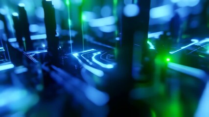 Wall Mural - Journey Through a Futuristic Digital Landscape with Pulsating Blue and Green Neon Data Streams