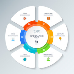 Wall Mural - Modern circular infographic vector diagram divided into 6 steps. Each section includes icons, numbers, text placeholders. Can be used for business strategy, corporate presentations or project planning