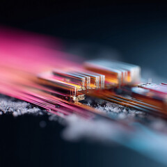 Wall Mural - abstract macro image of electronic components, glowing with light trails. evokes technology, innovat
