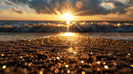 Wall Mural - Stunning sunset over ocean creates sparkling horizon with glittering reflections on wet sand. warm light enhances beauty of scene, evoking sense of tranquility and wonder