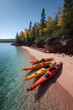 © SolaruS - Serene beach landscape with colorful kayaks resting on the sand. Ideal for themes of adventure, recreation, travel, relaxation, and outdoor lifestyle.