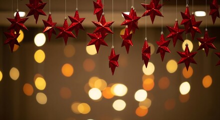 Hanging Red Star Decorations with Bokeh Lights