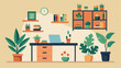 © Justlight - A home office with a minimalistic desk and shelves displaying a collection of small succulent plants and a large tropical print.