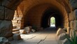 © BeeSee - Ancient subterranean dwelling with a stone gateway, Medieval entrance to Skenfrith Castle grounds, created with generative ai