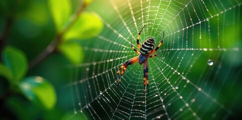 Intricate spiderweb, dewdrop highlights, vivid greens, eight-legged, vibrant